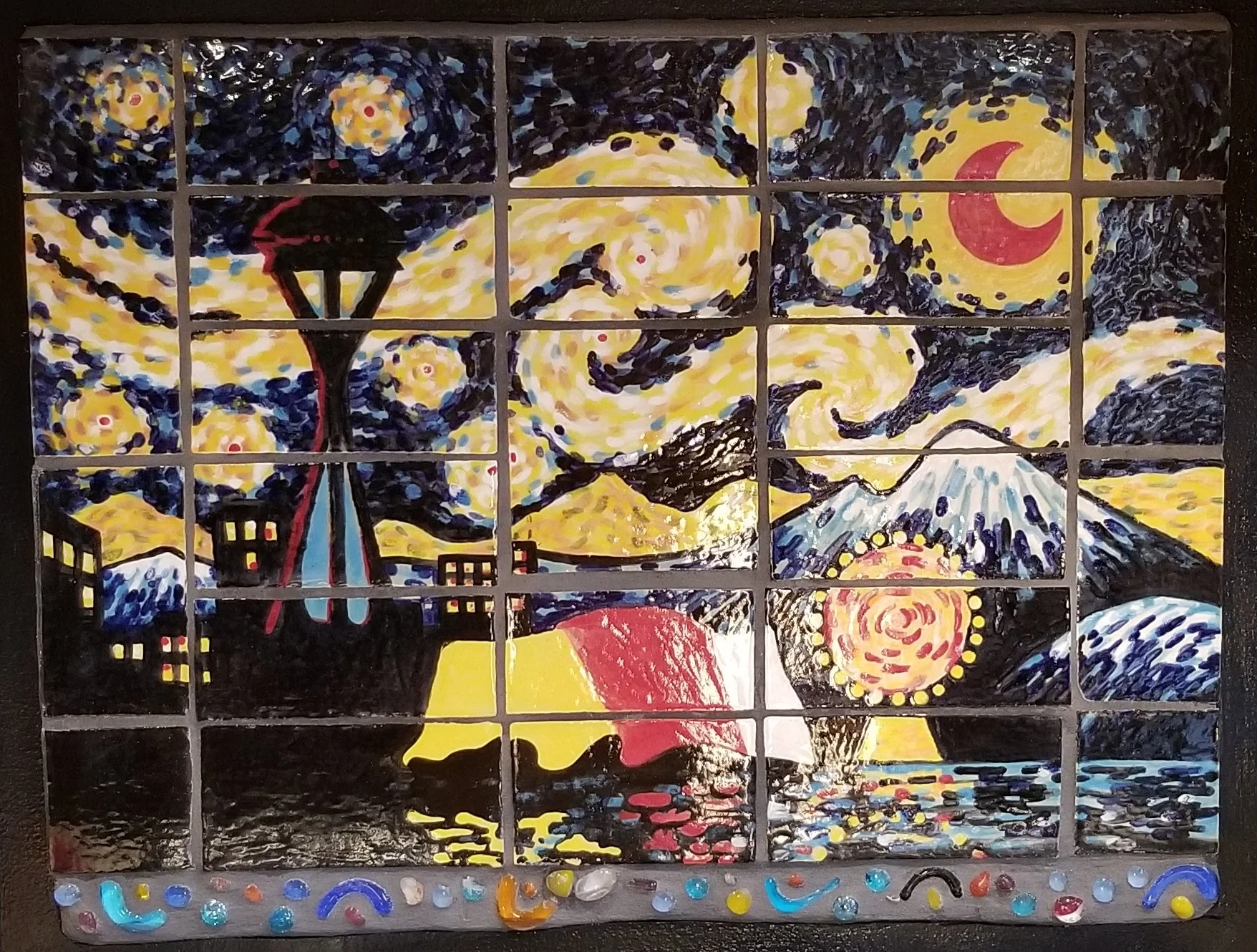 Kitchen backsplash tiles painted in Van Gogh's impressionist style